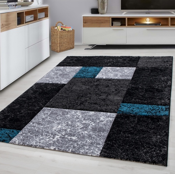 Wohnzimmer Teppich Modern Kurzflor Konturenschnitt Schwarz Grau Turkis